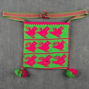 Vintage Huichol Mexican Woven Bag Green Pink Bird Boho Festival Purse